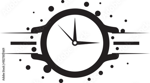 Black and white graphic illustration of a wristwatch with radiating dots and abstract band elements