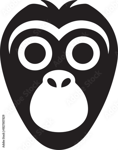 Black and white stylized graphic of a gorilla face with large round eyes and a white muzzle primate