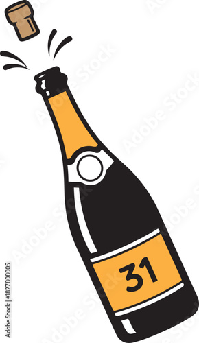 Champagne bottle cork popping with number 31 on label and splashing liquid exploding