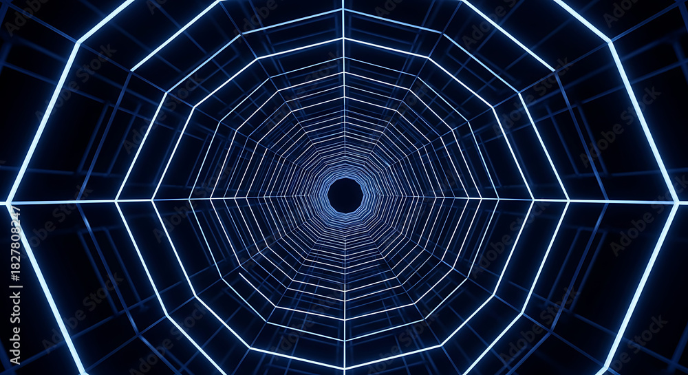 Fototapeta premium Abstract blue glowing neon light tunnel with geometric shapes receding, representing data flow, digital connectivity, and futuristic concepts.