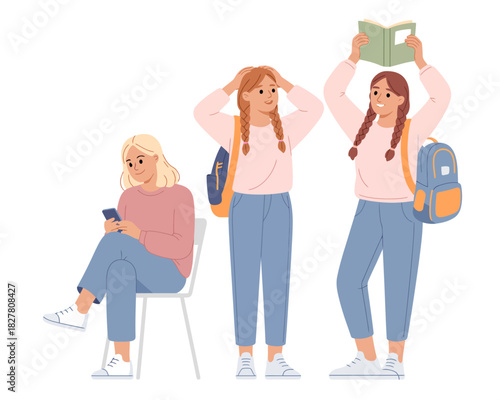 This image showcases three young women, each demonstrating different moods and activities. Their casual outfits highlight youth, friendship, collaboration, and vibrant spirits.