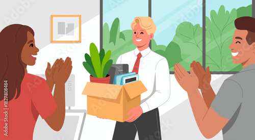 A cheerful professional holds a box of gifts and plants, surrounded by colleagues who are celebrating a successful moment, highlighting teamwork and gratitude in a vibrant office setting.