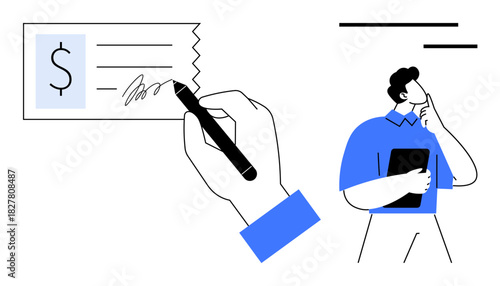 Hand writes on a check while a man holds a document, appearing thoughtful. Ideal for finance, payment, decision-making, business, planning, accounting budgeting themes. Simple flat metaphor