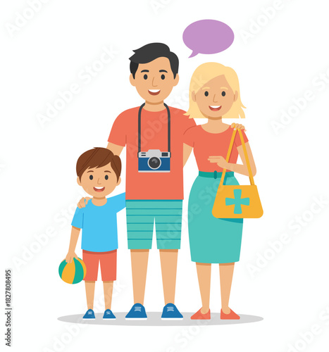 A colorful and friendly family illustration showing a father, mother, and son posing happily together, capturing the essence of love, bonding, and shared memories.