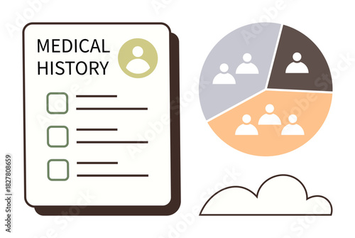 Medical history document, segmented pie chart with group icons, and cloud element. Ideal for healthcare, patient data, electronic records, health analytics, teamwork, cloud storage simple flat