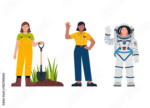 A trio of individuals representing diverse professions—gardening, business, and space exploration—highlights the beauty of various careers and the dreams of human ambition.