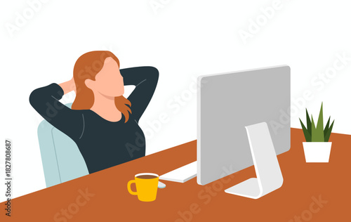 A focused individual reclining at a desk with a computer, absorbing their work while sipping coffee, representing productivity and the modern work environment.