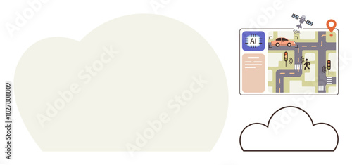 AI map interface includes GPS signals, vehicle on road, crosswalk, traffic lights, satellite. Ideal for smart cities, transportation, navigation, road safety autonomy technology and innovation