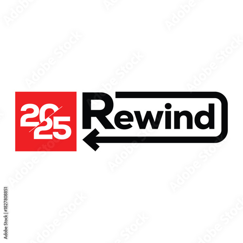 Bold “2025 Rewind” typography logo with white year inside red square and black rewind arrow framing the word on white background, modern graphic design for year in review, recap and highlight projects
