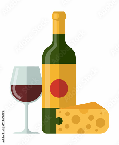 An inviting flat-lay illustration featuring a bottle of wine, a glass, and a piece of cheese, perfect for culinary art and delightful gatherings.