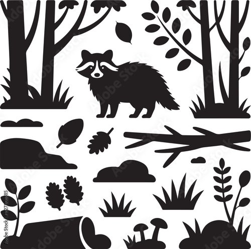 Black and white woodland illustration with raccoon trees and forest elements