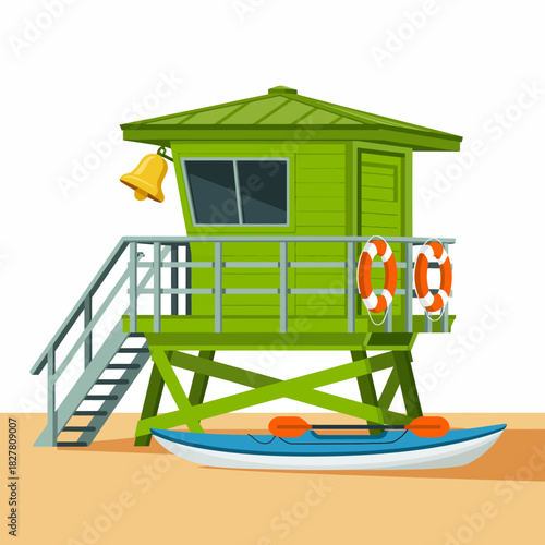 This image depicts a vibrant green lifeguard tower overlooking the beach, complete with a staircase, bell, and life rings, capturing summer beach activities and safety.