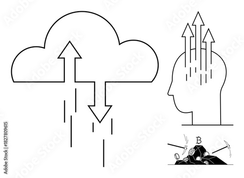 Cloud computing concept. Cloud computing ties data transfer and human cognition, ed by a brain and cloud design. Cloud computing enhances connectivity and intelligence. For technology, innovation