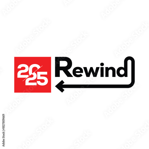 Bold “2025 Rewind” typography logo with white year inside red square and black rewind arrow framing the word on white background, modern graphic design for year in review, recap and highlight projects