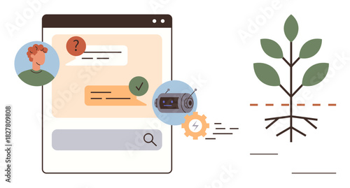 Chat interface with user, AI chatbot icon, growth symbolized by plant with visible roots. Ideal for AI technology, communication, education, growth, ecology, innovation teamwork simple flat