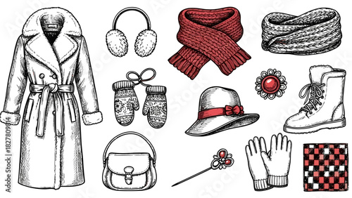Collection of winter clothing and accessories in a sketch style.