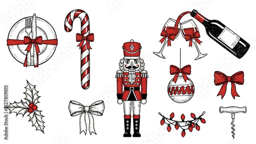 Christmas themed illustrations with candy cane, nutcracker, wine and holly.