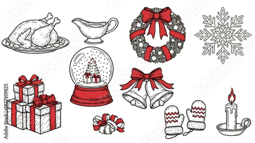 Christmas themed drawings: turkey, gifts, wreath, snowflake, and more.