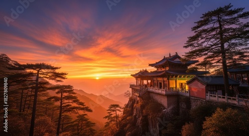 Wallpaper Mural Majestic sunrise over a mountain range with traditional architecture Torontodigital.ca