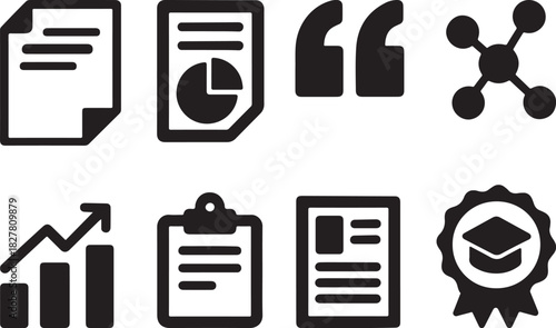 Scientific Paper and Citation Icons – Black Silhouettes.