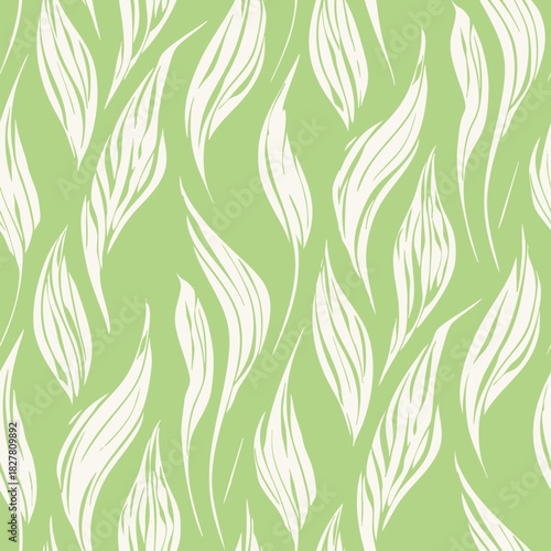 Vector seamless pattern with organic flowing leaves. Abstract botanical background with wavy shapes, natural curves. Stylish green and white texture. Elegant hand-drawn style repeat design for print