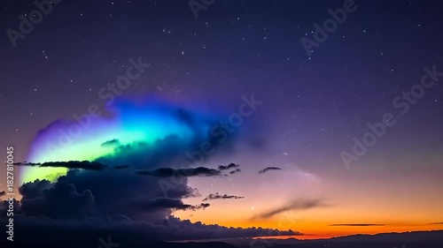 Vibrant Aurora Borealis Illuminating the Twilight Sky Over Clouds.