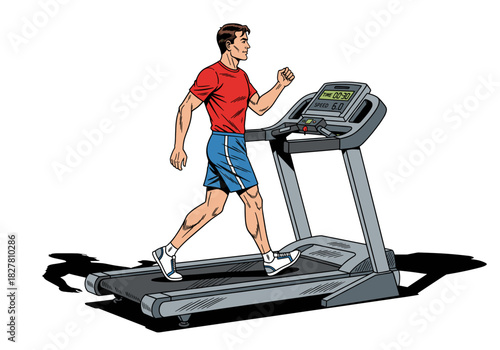 man walking on treadmill, indoor exercise, sportswear workout, cardio training, fitness routine, bright room interior, large windows, indoor plants, home gym setup, healthy lifestyle, treadmill workou