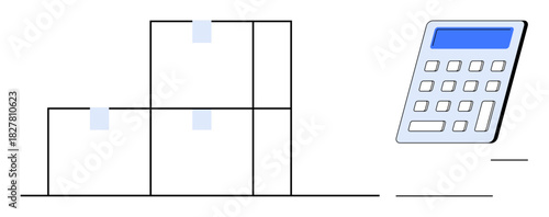 Three stacked boxes alongside a blue-screen calculator. Ideal for logistics, inventory, business, calculations, e-commerce, warehouse management, and supply chain. Simple flat metaphor