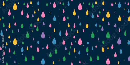 Vector seamless pattern with colorful raindrops. Abstract bright vibrant texture with multicolor water drops on dark background. Stylish playful repeated design for textile, decor, wrapping, fabric
