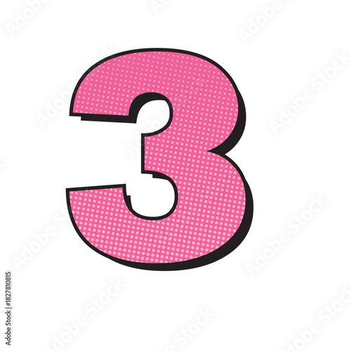 Pink Number Three with Black Outline on White Background.