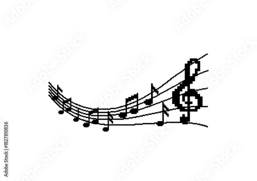 Black and white pixel art illustration of musical notes flowing on a curved staff with a treble clef, representing a retro digital melody.