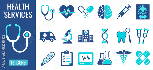 Health services icons set illustrating medical care, diagnostics, treatment equipment, emergency support, hospital tools, dental care, prescriptions, and patient recovery.
