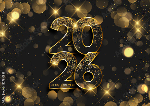 Happy New Year background with glittery gold numbers and bokeh lights design 