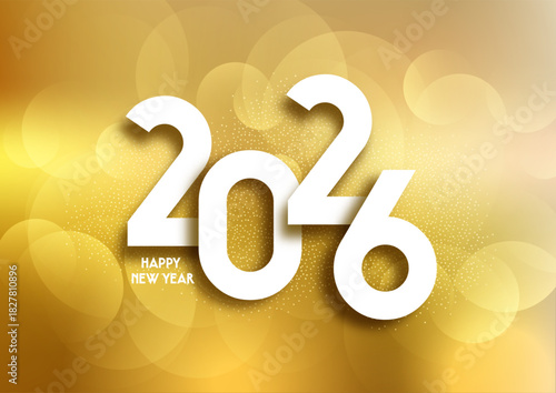 Happy New Year background with white numbers and golden bokeh lights design