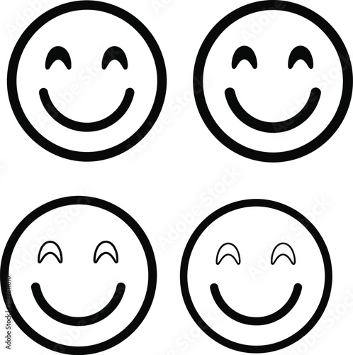 Four simple black and white smiley faces with different expressions