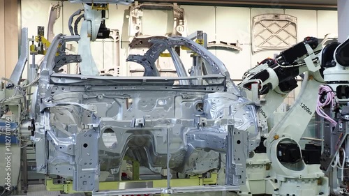車製造ラインの溶接ロボットによる車体溶接の風景