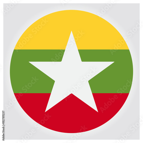 Myanmar national flag circular icon, vibrant yellow green red isolated on white background, Vector