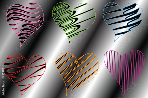 Set of colorful striped abstract hearts featuring bold flowing line patterns on a reflective metallic backdrop, Vibrant striped heart illustrations displayed on a sleek metallic background 