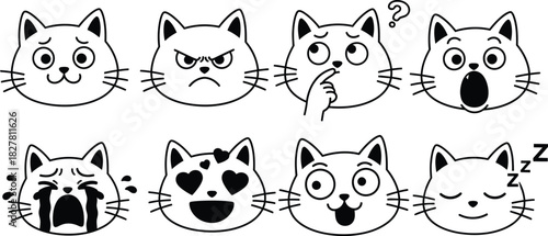 Collection of hand drawn cat emoticons with different expressions and emotions