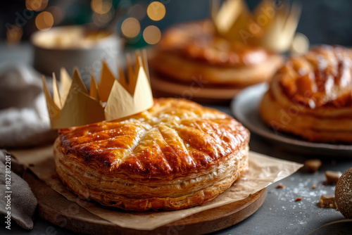 Traditional galette des rois with paper crown, golden flaky surface
