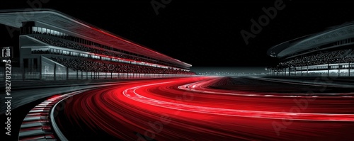 A dynamic night scene at a race track, showcasing vibrant red lights and sleek architectural lines, capturing the thrill of motorsport.