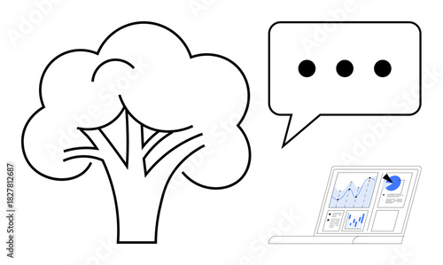 Tree symbolizing nature alongside a speech bubble with ellipsis and a laptop displaying analytical charts. Ideal for sustainability, communication, technology, data analysis, eco-friendly innovation