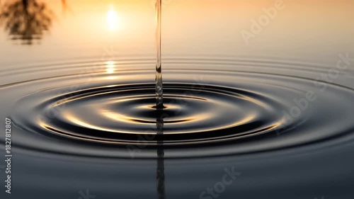 Water Droplet Impact Creates Ripples on Calm Surface at Sunset.