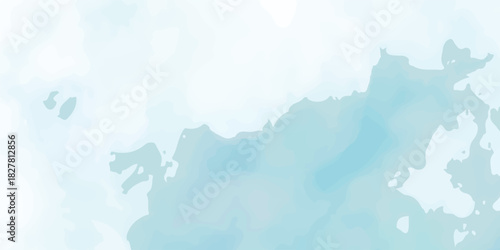Abstract watercolor grunge landscape featuring blue clouds and a sunlit mountain map illustration over a sunset sea