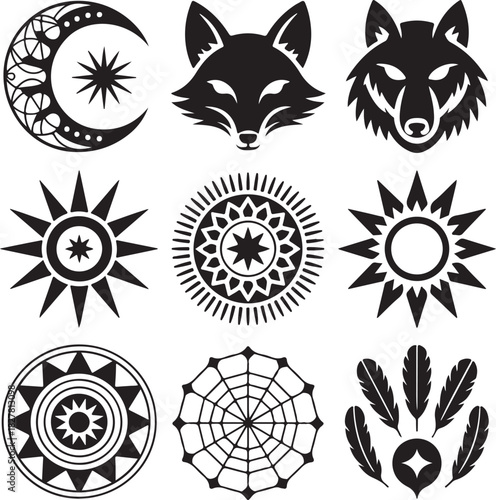 Collection of Black and White Mystical Symbols and Spiritual Icons