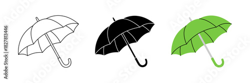 Flat umbrella vector icons with outline, black fill, and bright green color. Simple modern rain protection illustrations for design