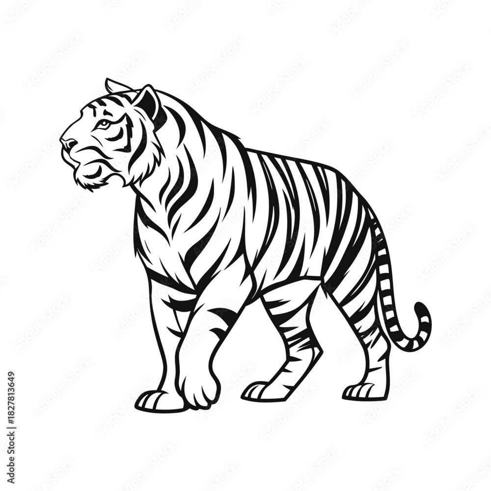 Naklejka premium Standing Tiger Vector Illustration in Black and White