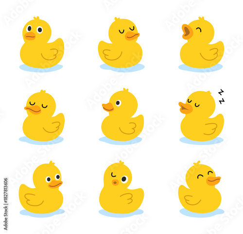 Set of yellow rubber ducks in cute poses. Fun cartoon bath toy vector collection for prints, children decor, and clipart projects.
