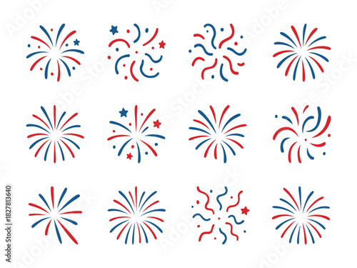 Set of firework icons in red and blue. Various celebratory explosions on a white background