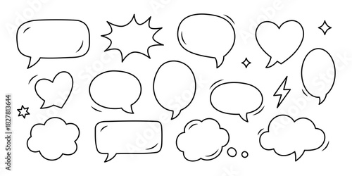 Comic style speech bubbles and thought clouds set. Hand drawn doodle vector talk balloons for comics, chat, and cartoon illustrations
